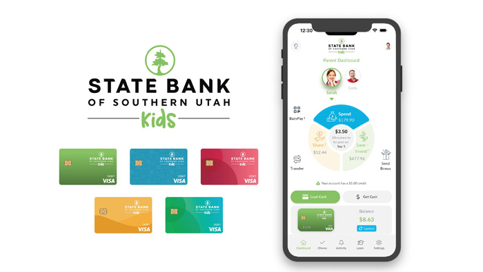 Photo showing the SBSU Kids App, along with the logo, and 5 debit cards